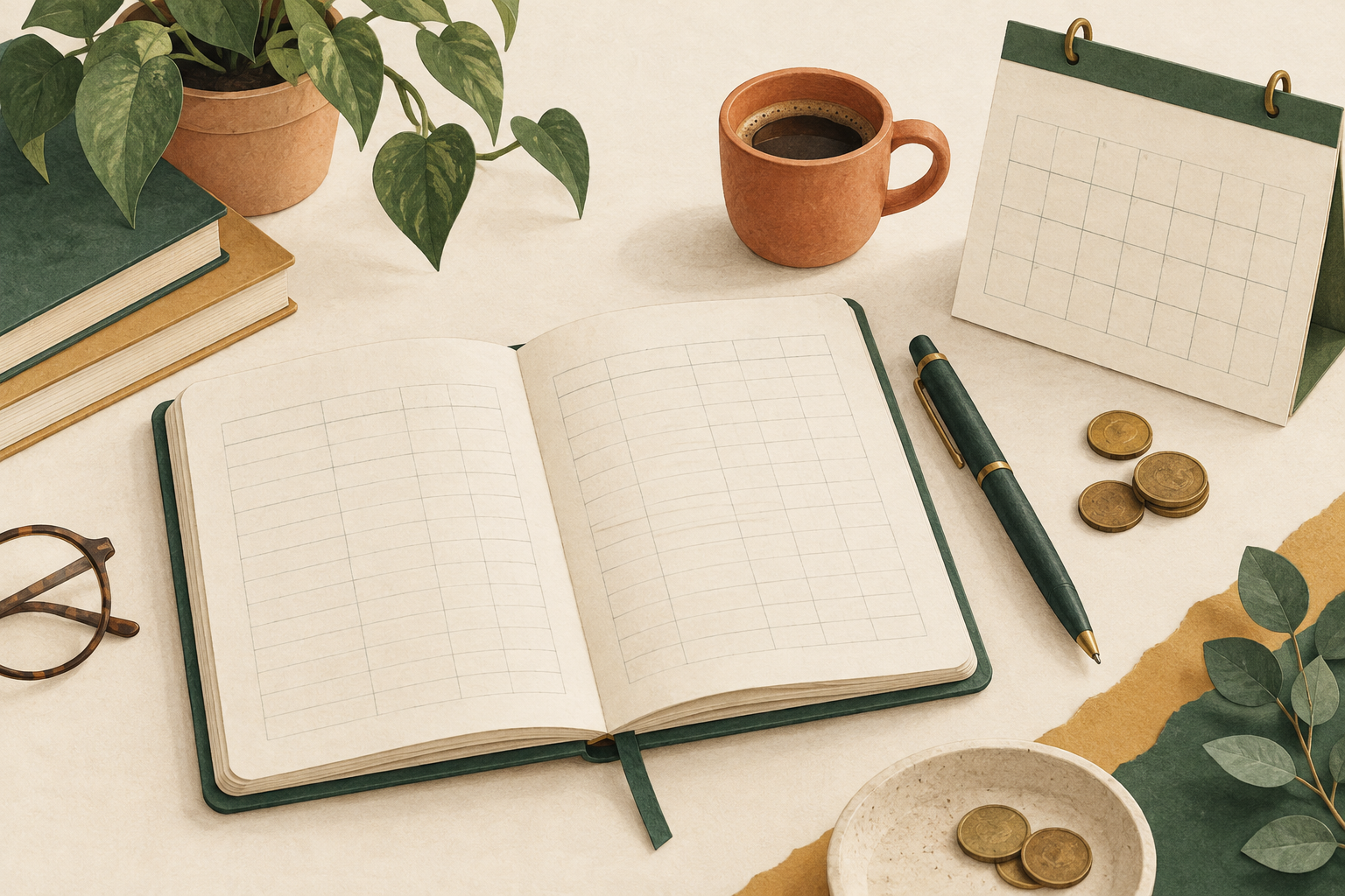 Quaderno, calendario e monete su una scrivania: illustrazione del monitoraggio mensile dei dividendi.